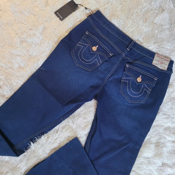 True Religion Joey Mid Rise Flare Jeans Designer Sz 32 Blue - Picture 1 of 11